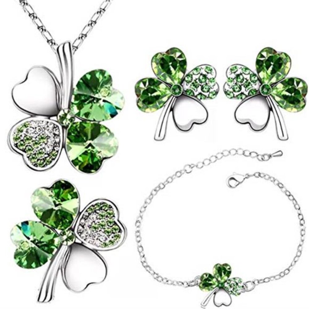 Four Leaf Clover Necklace - St.Patricks Day Earrings - Shamrock Earrings